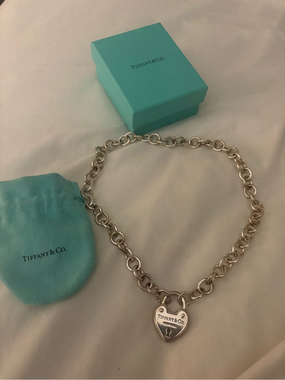 Tiffany & Co. Silver Heart Lock Charm Necklace with Tiffany Blue Box